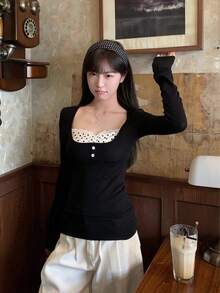 Women's Polka Dot Patchwork Long Sleeve T-Shirt, Slim Fit Top For Early Autumn - Black - View 3