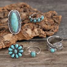 5pcs Vintage & Fashionable & Exquisite Bohemian Style Leaf, Flower, Geometric & Turquoise Ring Set For Women Western Jewelry Valentines,Mom,Mother,Mother's Day,Gift - Antique Silver - View 5