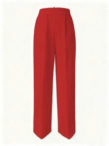 Women's Straight Loose Casual Solid Color Button Zipper Pocket Pants Spring Red - Red - View 3
