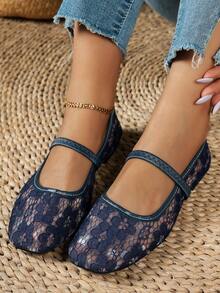 Women's Dark Blue Lace-Up Mary Jane Ballet Flats Square Toe Buckle Strap Casual Shoes - Navy Blue - View 4
