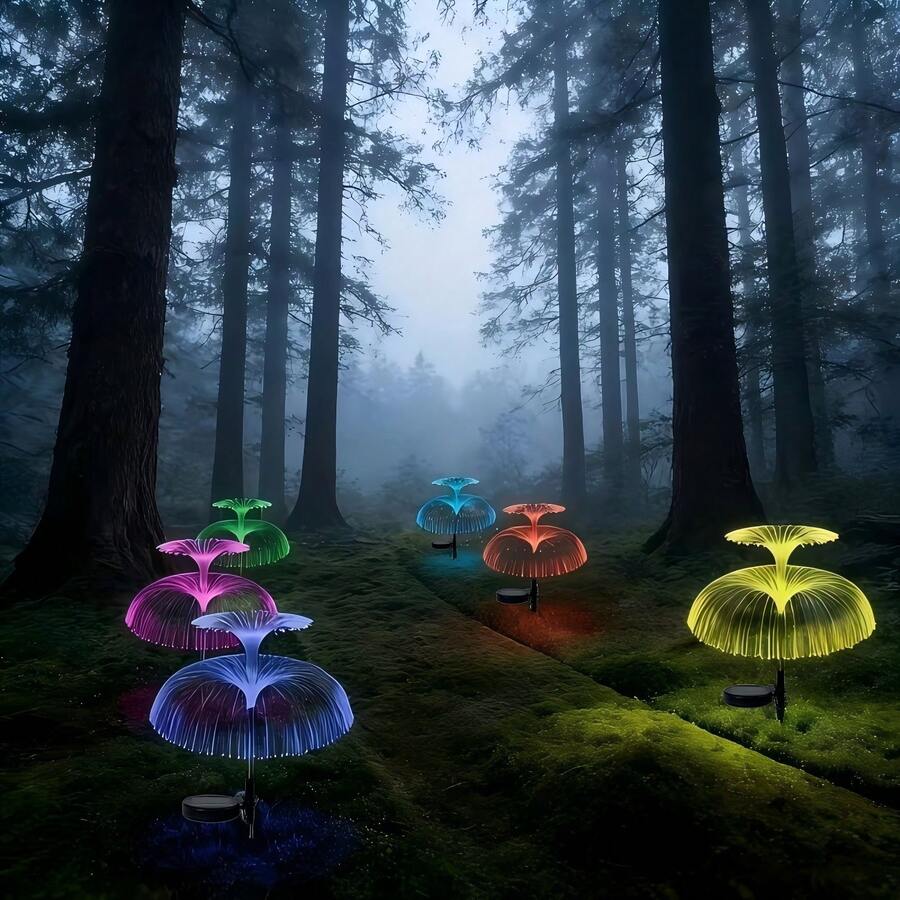 Solar Jellyfish Fiber Optic Stake Lights, Color Changing LED Luminous Fiber Strands, Waterproof Auto Night Sensor, Whimsical Outdoor Garden Yard Lawn Pathway Landscape Decor
