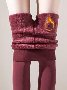 1pc Women's Wool Lined Thickened Warm Velvet Leggings, Tummy Control Soft Elastic 9/10 Length Tights For Winter - Burgundy - View 2
