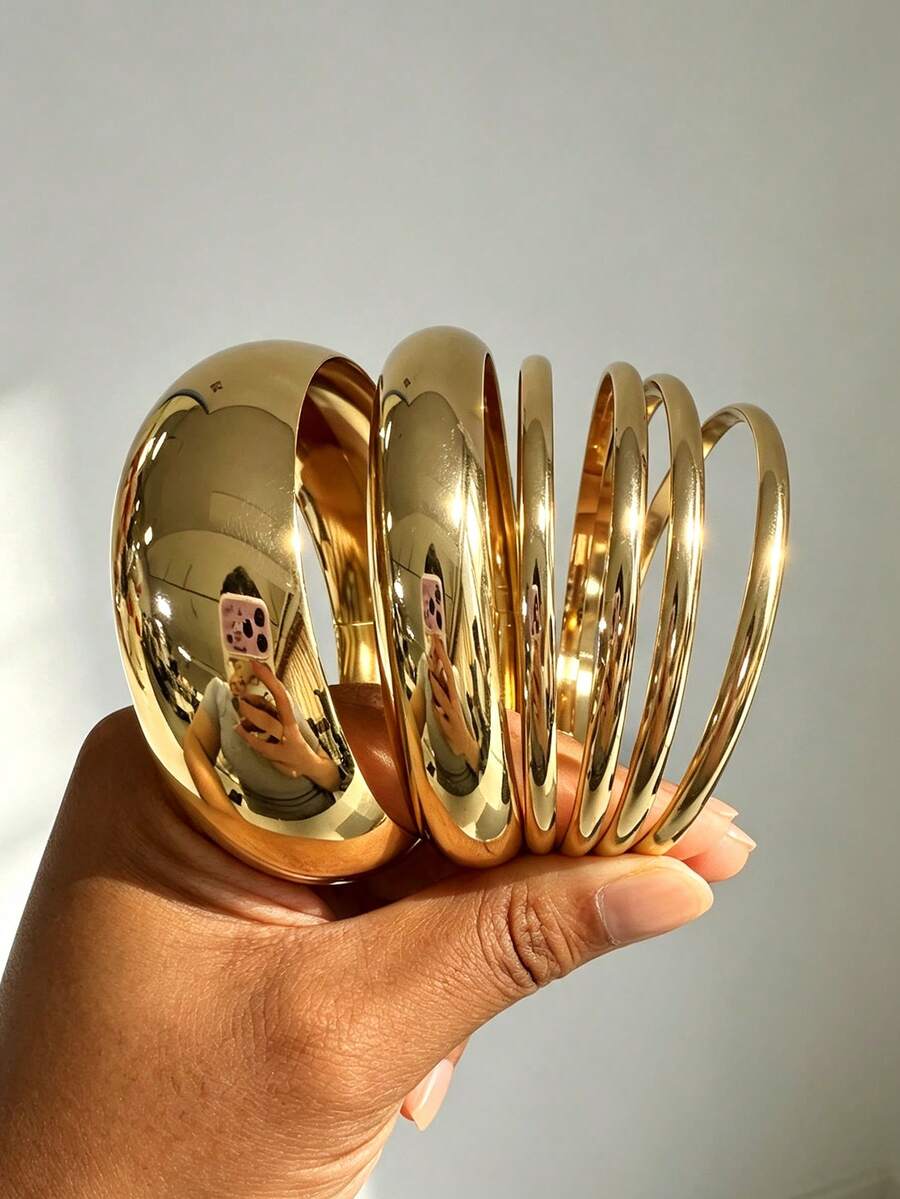 6pcs/Set Vintage Elegant Casual Style Alloy Gold Color Bracelet Set, Suitable For Women's Daily Commute, Beach Vacation, Party, Layering Wear And Gift Giving - Gold - View 1