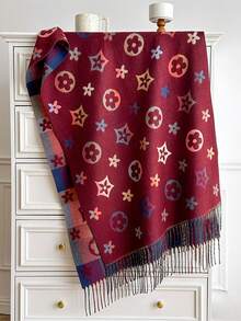 1pc Geometric Floral Print Tasseled Thick Scarf 65*200cm, Polyester Faux Cashmere, Fall Winter Shawl For Travel Party Outing, Wear As Scarf Shawl - Multicolor - View 2