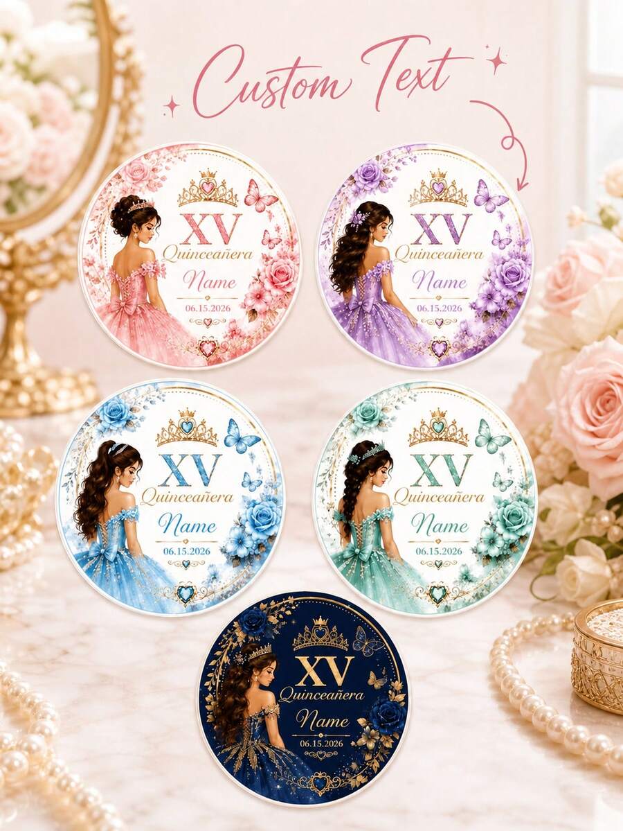 11/20/40pc Personalized Custom Birthday Name Date Round Sticker,Custom Princess Floral Butterfly Self‑Adhesive,Jar Envelope Birthday Party Sticker - Multicolor - View 1