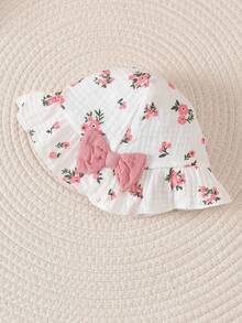 BrownBark 2pcs/Set Baby Girl Spring/Summer Cute Versatile Colorful Heart Print Double-Sided Gauze Romper & Hat, Sleeveless Ruffle Bow Baby Crawler Romper, Matching Same Color Hat, Soft Comfortable Newborn Spring/Summer Outing Sweet Outfit, Suitable For 0-12 Months Baby Girl - Pink - View 9