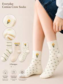 1/3 Pasang Kaos Kaki Wanita Setengah Betis dengan Manset Berkerut, Katun Lembut dan Bernapas, Motif Garis Bunga dan Wajah Tersenyum, Gaya Pastoral Hutan, Mode Sehari-hari, Paket Multi - MultiWarna - View 1