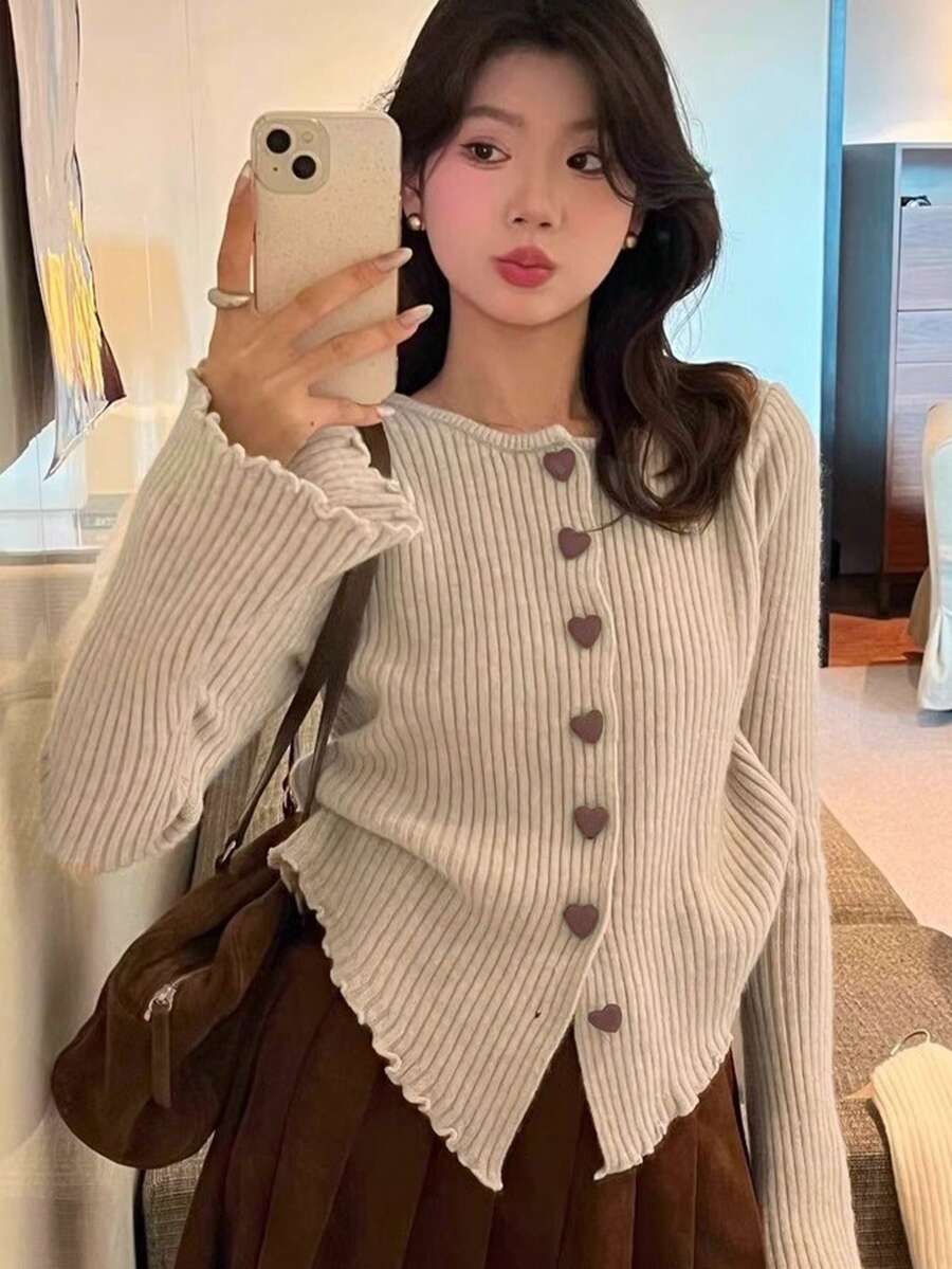 Women's Heart Button Cardigan Sweater, Autumn/Winter Loose Fit Asymmetrical Long Sleeve Knit Top, Elegant And Gentle Style - Oatmeal - View 1