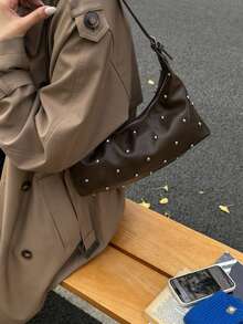 Fashion Studded Decor PU Crossbody Bag, Adjustable Shoulder Strap Zipper Closure, Multi-Functional Shoulder Bag/Handbag, Suitable For University, Commuting, Shopping, Walking And Daily Use - Coffee Brown - View 2