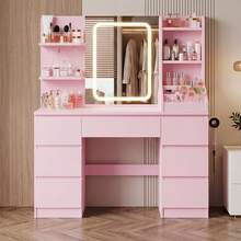 Devoko Vanity Table With LED Mirror & Power Outlet, Dressing Table With 7 Drawers, Hair Dryer Holder & Jewelry Hooks, White/Black/Pink - Pink - View 13