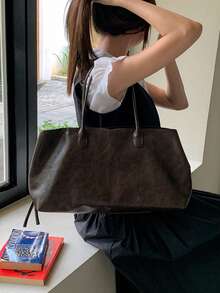 Classic Coffee Textured Tote Bag, Handheld & Shoulder Carry, Open Top, Large Capacity, Minimalist Luxury Style, Women's Daily Commute & Shopping Tote Bag - Coffee - View 3