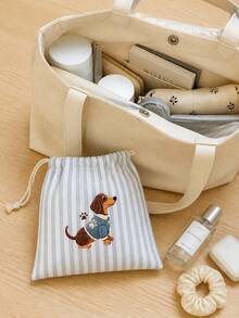 Cute Dachshund Printed Multi-Color Vertical Stripe Drawstring Coin Purse, Mini Travel Makeup Storage Bag, Jewelry Storage Bag, Coin Purse, Lightweight And Portable Drawstring Small Bag, Suitable For Daily Use, Vacation Travel, Gift Bags - Multicolor - View 3