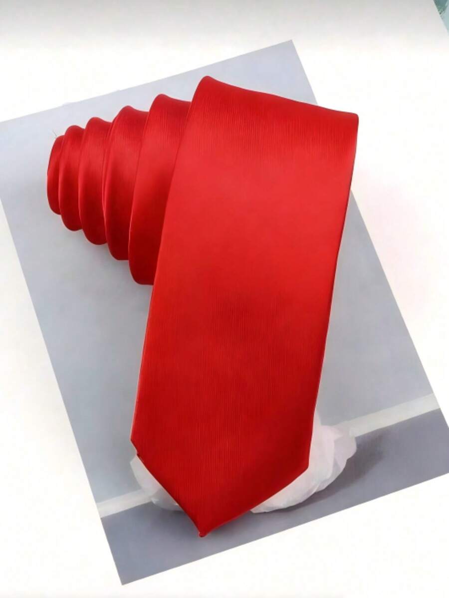 1pc Men's Solid Color Smooth Glossy Texture 5CM Ultra-Slim Polyester Necktie, Suitable For Wedding, Celebration, Christmas, Thanksgiving And Other Occasions - Red - View 1