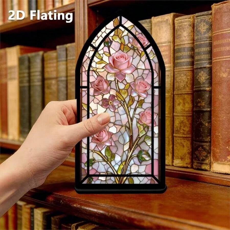 2D Flat Acrylic Painted Glass Powder Rose Bookend - Elegant Acrylic Bookshelf Decor, Designed For Bookshelf, Book Corner Display, Suitable As Reader Housewarming Gift, Book Lover Themed Decoration, Christmas And Valentine's Day Gift - Multi-color - View 1