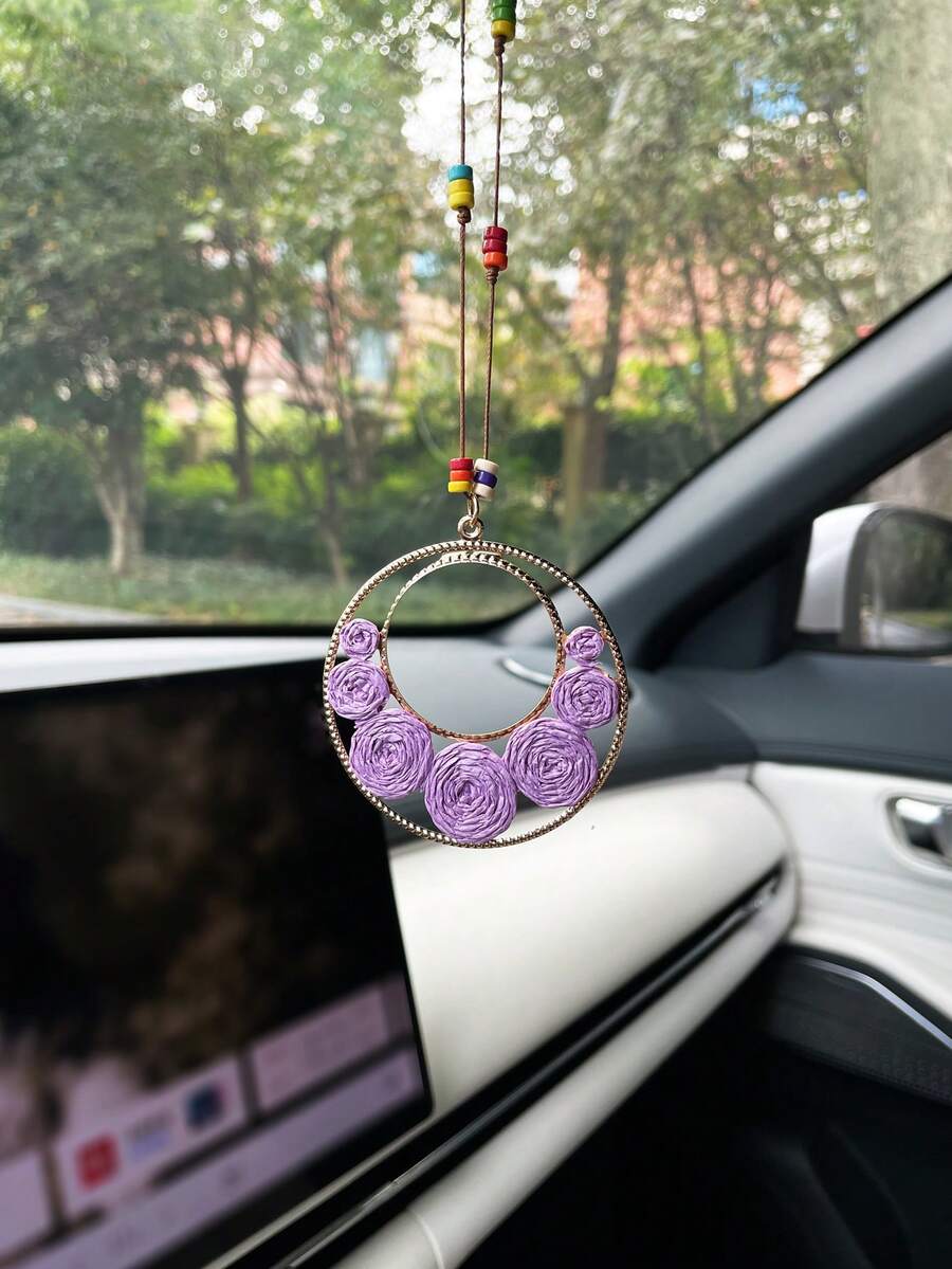 Creative Circular Flower Car Hanging Ornament, Creative Car Rearview Mirror Decorative Pendant, Car Interior Hanging Accessory - A - View 1