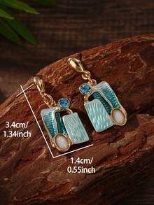 1 Pair Women Retro Geometric Color‑Block Enamel Drop Earrings,Inlaid Glass Dangle Earrings, Vintage Art Statement Ear Jewelry For Daily Party Dating - Geometry - View 3
