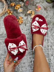 Women's Home Slippers Bowknot Fashion Fabric Heart Comfortable Soft Sole Indoor Autumn/Winter Slide - Burgundy - View 8
