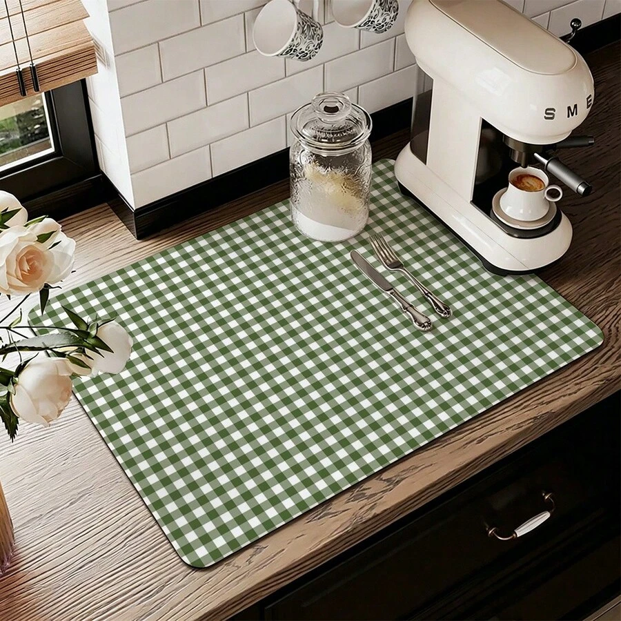 1pc Green Plaid Print Extra Large Absorbent Mat, Bar Countertop Waterproof Mat, Drying Mat, Drainage Mat, Coffee Machine Mat, Coffee Cup | Tableware Drainer, Absorbent Quick-Dry, Waterproof & Oil-Resistant, Washable & Reusable, Suitable For Kitchen | Cafe, Tea Cup, Coffee Cup, Coffee Machine Accessories, Home Decor For Coffee Lovers, Rental Home Improvement - Multicolor - View 1