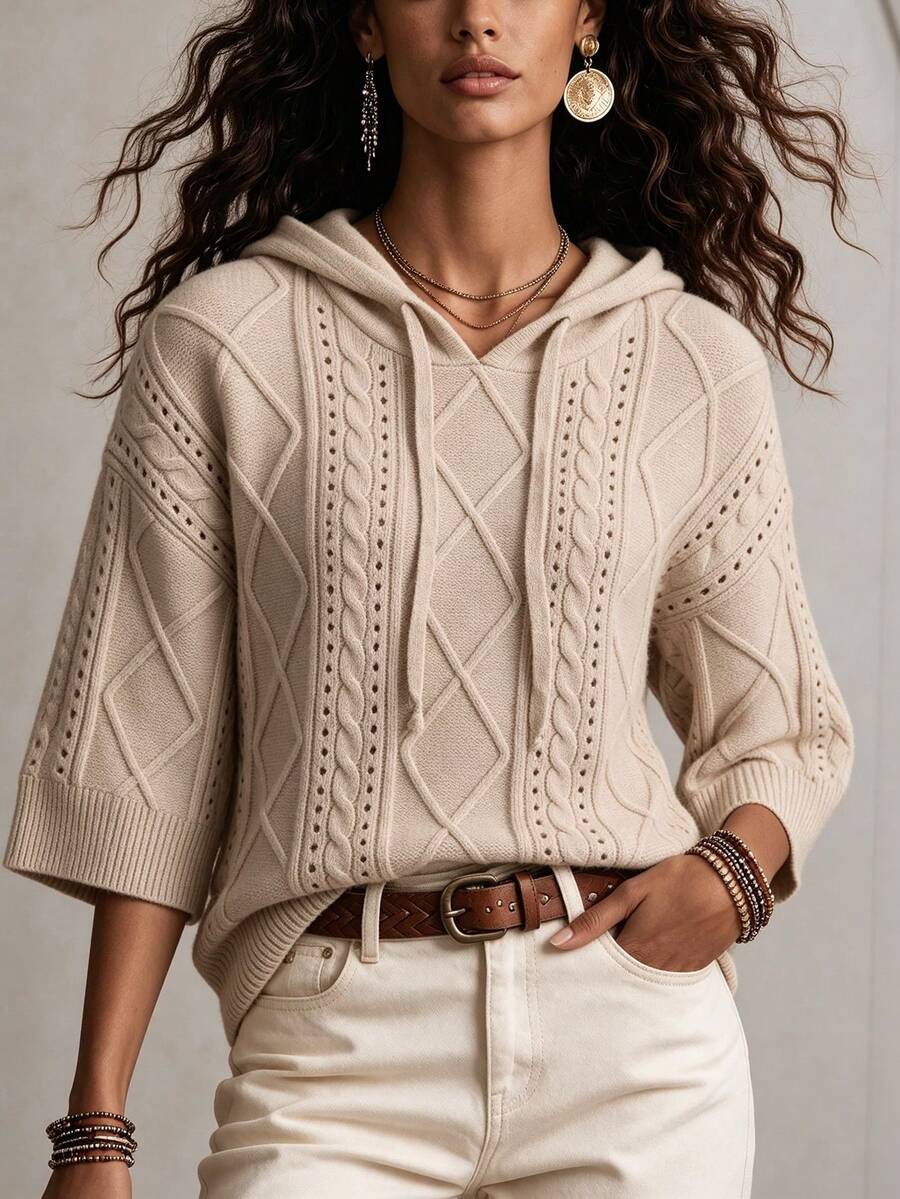 ASHKATIA Women's Plus Size Hooded Knit Sweater, Ribbed Rope Detail, Earth Tone Vintage Style, Suitable For Layering In Autumn/Winter - Apricot - View 1