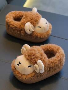 1 Pair Kids' Fuzzy Slippers, Winter New Cute Lamb Design, Warm Indoor House Slippers For Boys And Girls - Brown - View 3