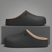 MAOLI Water-Resistant Thick Fleece Lining Perforated Clogs, Fashionable Durable Breathable Round Toe Solid Color Half-Cover Home Slippers, Unisex - Black - View 9