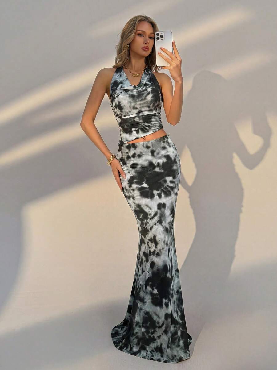 Elegant Halter Neck Cropped Top And Mermaid Hem Skirt Set, Two Pieces Outfit Perfect For Stylish Daily Wear, Casual Going Out, Beach Vacations - Grey - View 1