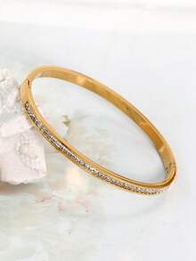 BORASI 1 pieza/3 piezas Pulsera de clavo de acero inoxidable chapada en oro de 18K de moda, adecuada para el uso diario de las mujeres, estilo clásico popular europeo y americano con diseño geométrico de cadena de reloj con strass, joyería elegante personalizada de lujo casual brillante, conjunto de joyería, para niñas, mujeres, mamás, parientes, amigos, hermosos regalos de boda, cumpleaños, Día de San Valentín, Día de la Madre. - Dorado - Ver 9