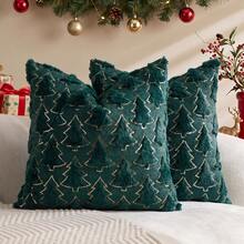 1/2pcs Green Christmas Gold Sequin Christmas Tree Pillow Case (Pillow Insert Not Included), Modern Fashionable Comfortable Soft Faux Rabbit Fur Fabric Embroidered Pillow Case, Suitable For Daily Home Decor, Sofa, Bed, Bedroom, Living Room, Decorative Pillow Case, Daily Holiday Party Decoration, Suitable For All Four Seasons - Dark Green - View 10