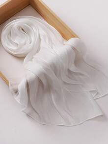 Spring/Summer New Satin Textured Modest Hijab Dark Patterned Satin Scarf Solid Color Pleated Rectangular Muslim Headscarf - White - View 3