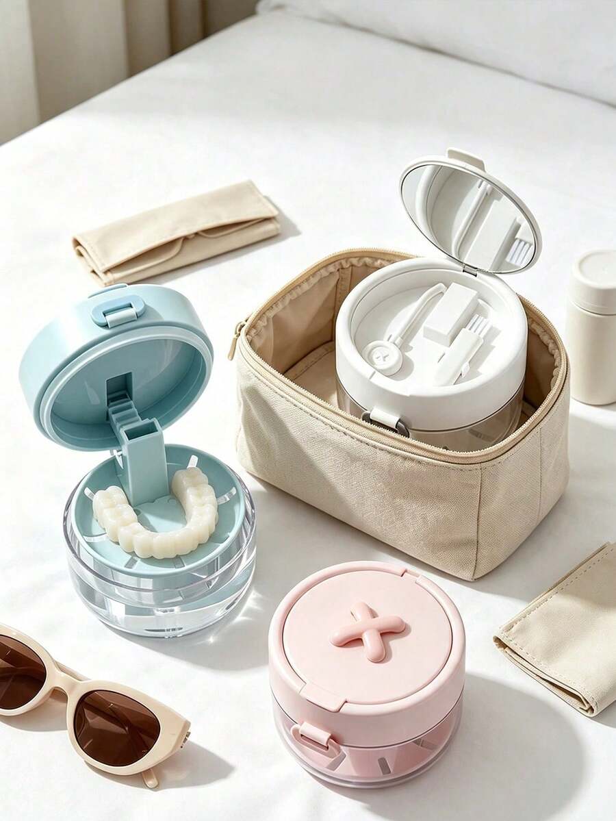 1/3 قطع صندوق تخزين تقويم الأسنان كامل الوظائف، مع مرآة وسلة تصريف، صندوق تنظيف تقويم الأسنان المحمول، صندوق نقع أطقم الأسنان، صندوق نقع واقي الفم للسفر، تصميم محمول، مناسب للسفر - متعدد الألوان - مشاهدة 1