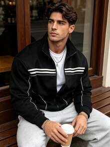 Men's Spring/Autumn Stand Collar Zipper Fashion Casual Piping Two-Stripe Loose Jacket Coat - Black - View 2