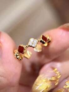 1pc Minimalist Fashion Red Oil Drop Gourd Four-Leaf Flower Open Ring, Luxury High-End Stackable Versatile Index Finger Ring For Women, New Year - Multicolor - View 6