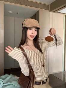 Áo thun nữ kẻ sọc cổ chữ U tay dài, phong cách mới đầu thu, dáng ôm, mặc đơn lẻ hoặc làm lớp lót, áo base layer - Cà phê nâu - Xem 1