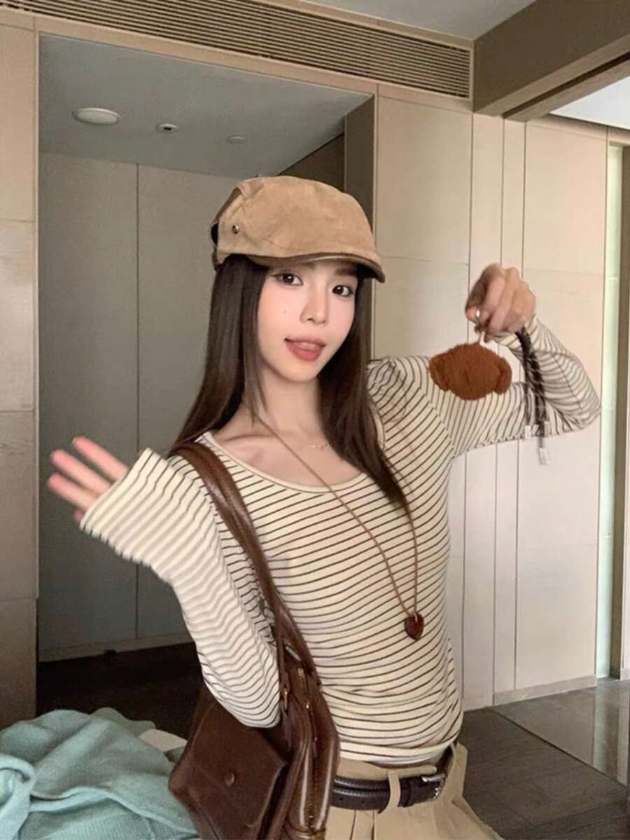 Áo thun nữ kẻ sọc cổ chữ U tay dài, phong cách mới đầu thu, dáng ôm, mặc đơn lẻ hoặc làm lớp lót, áo base layer - Cà phê nâu - Xem 1
