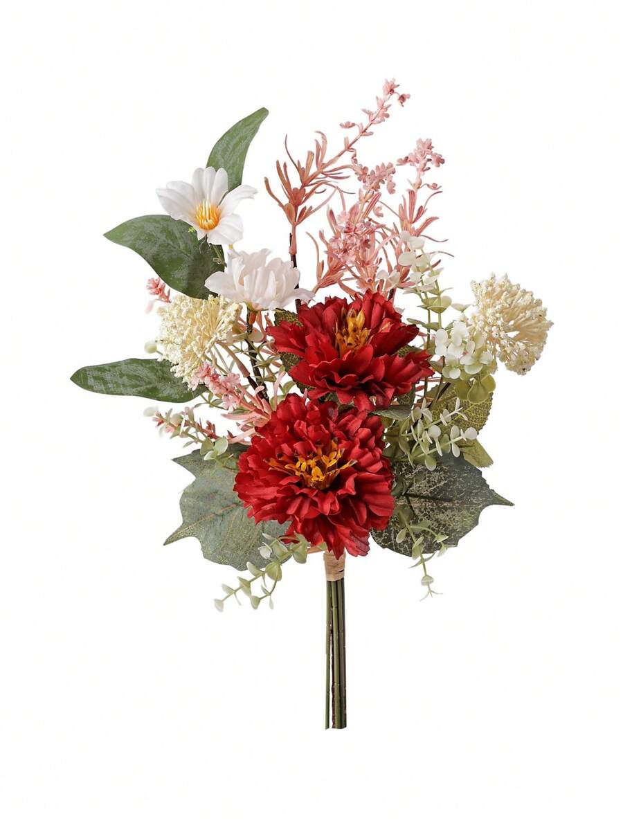 1 Bunch 43cm Artificial Flowers, Including Artificial Peony Ball Chrysanthemum And Eucalyptus Leaves, Realistic Touch, Suitable For Vase, Home, Hotel Room, Wedding Decoration And Table Centerpiece - Red - View 1