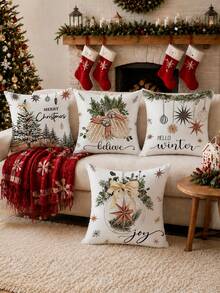 Christmas Tree Holly Ball Illustration Pattern Cushion Cover 4pcs Set, Single-Sided Printed Peach Skin Velvet Polyester Material, 45*45CM Pillowcase For Modern Fabric Sofa Indoor Decoration, Party Decor, Gift Giving - Multicolor - View 5