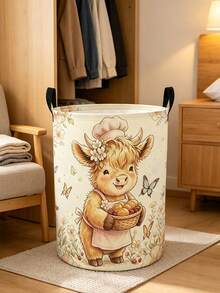 Cute Highland Cow Floral Print Laundry Hamper, Collapsible Large‑Capacity Storage Basket With Handles, Clothing Storage, Unisex, Essential For Daily Home And Dorm Use - Multicolor - View 2