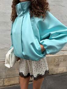 2026 New Women's Jacket Coat, Women's Spring/Autumn Jacket, Patchwork Ruched Design, Fashionable Versatile, Casual Commuter Style, Elegant Winter Outerwear - Mint Blue - View 3