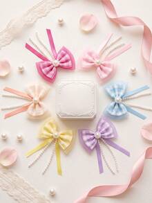 2/6/12pcs/Set Pearl Flower Tassel Ribbon Bow Hair Clips, Sweet Hair Accessories - Suitable For Girls And Women, Applicable For Daily Wear, Vacation, Date, Party - Multicolor - View 6