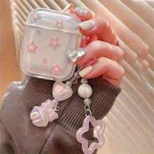 1pc Cute Colorful Star Pattern Transparent Wireless Earphone Protective Case With Beaded Heart Star Charm Keychain, Shockproof Soft TPU Clear Earbud Cover, Sweet Aesthetic Accessory For Girls Gift, Compatible With Pods 1/2/3/Pro/Pro 2/Pro 3 - Clear - View 4