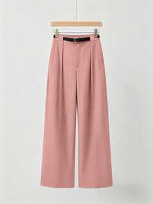 Pantalones rectos de cintura media de unicolor y elegantes con cinturón - Rosa - Ver 2