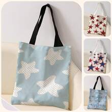 1pc Five‑Pointed Star Print Canvas Tote Bag, Large Capacity Hand‑Held Shoulder Bag,Reusable Shopping Bag For Music Festival Party Daily Packing Books - Multicolor - View 1