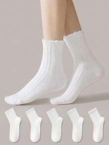ZUJO 5 Pairs Women's Lace Mid-Calf Socks, 3D Cable Knit Bubble Cuff Design, Comfortable Breathable Slouch Socks, JK Socks, Suitable For Spring, Autumn, Winter Sports And Daily Wear - Multicolor - View 1