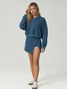 Women's Washed Blue Cropped Hooded Sweatshirt Drop Shoulder Loose Fit Drawstring Long Sleeve Daily Workout Casual Loungewear Athletic Top - Blue - View 8