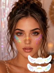2Pcs Holographic Halloween Face Temporary Tattoos, Spider Web Scar Bat Star Combo Design, Waterproof Long‑Lasting For 2‑5 Days - Multicolor - View 2