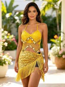Carnival Dance Metal Disc Halter Chest Ornament, Long Tassel Hip Decor Scarf (Multiple Colors Available) - Multicolor - View 7