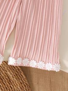 2pcs Baby Girl Forest Pastoral Style Vertical Pleated Floral Lace Trim Hem Petal Sleeve Round Neck Top With Matching Fabric Wide Leg Pants Set Spring Autumn - Dusty Pink - View 8