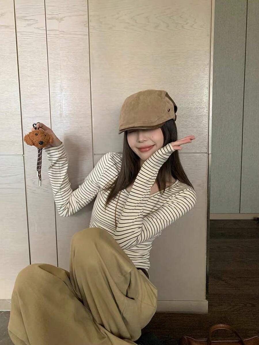 Women's Striped U-Neck Long Sleeve T-Shirt, Early Autumn New Style, Slim Fit, Wear Alone Or As Inner Layer, Base Layer Top - Coffee Brown - View 1