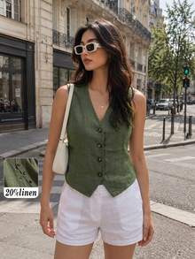 Plus Size Women Spring/Summer Casual Linen Blazer Vest - Army Green - View 1