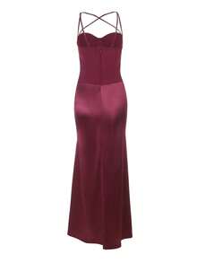 Autumn Solid Color Cup Strap Patchwork Satin Evening Dress, Women's Elegant Dress For Party, Date, Wedding - Burgundy - View 7